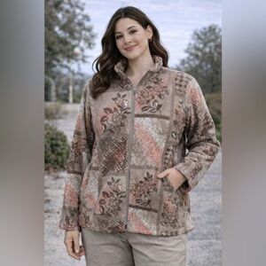 Tanjay Floral Patchwork Fleece Zip-Up Jacket Neutral Brown Pink L